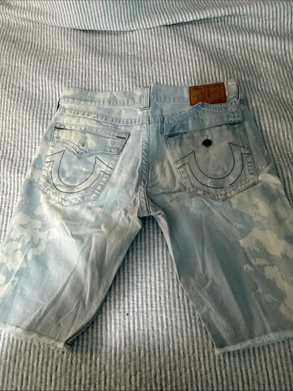True Religion Light Blue Distressed Bleach-Effect Denim Shorts